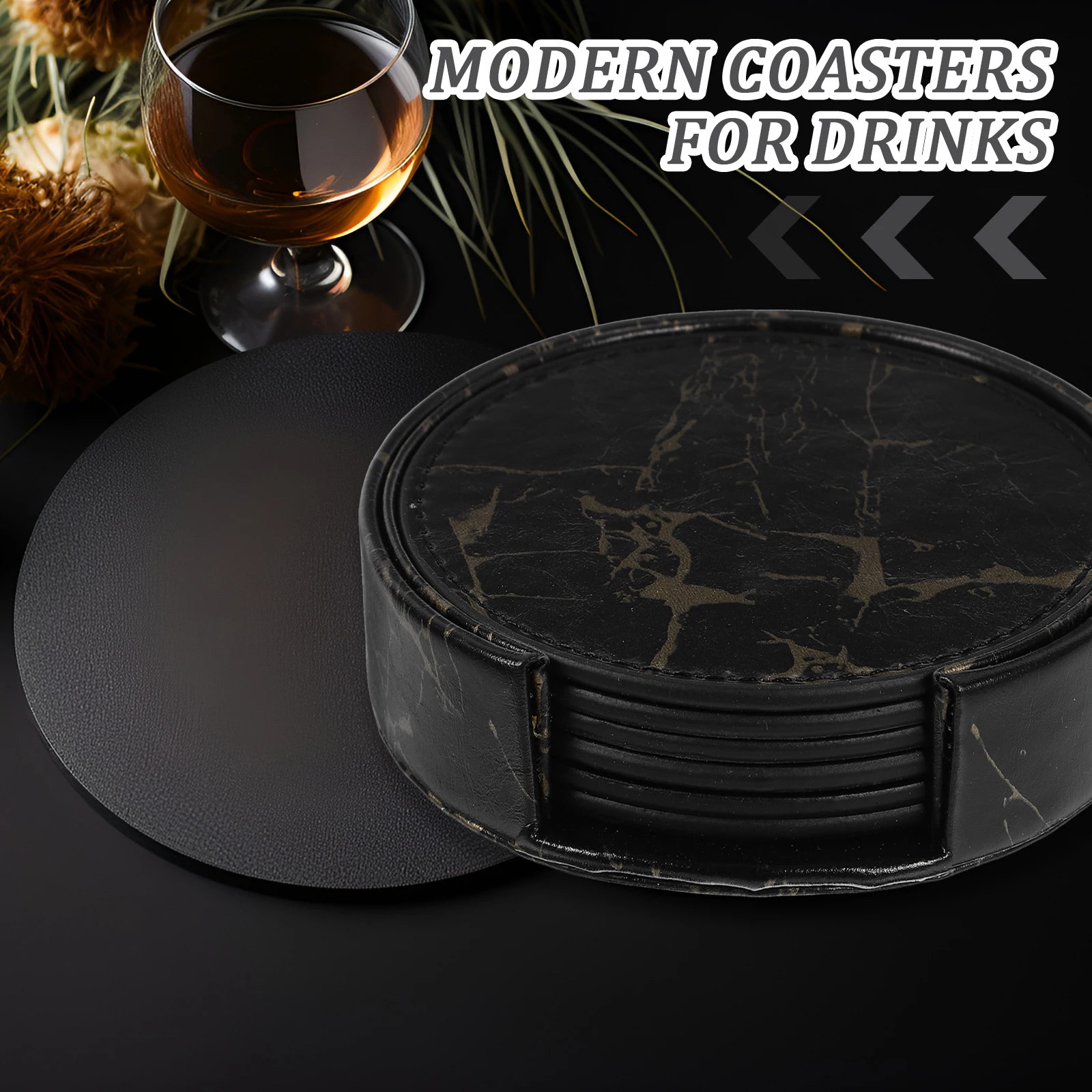 

1 set 6 Pieces Marbled Coasters Set 10cm Black Drink Cup Mats with Holder for Desk Table Office Decor