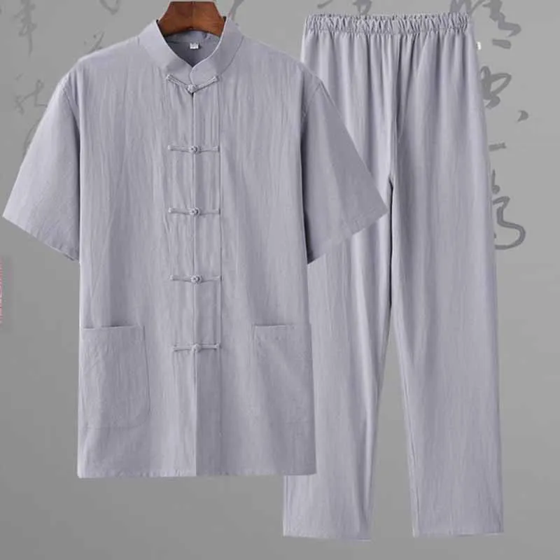 

Chinese Traditional Clothing Solid Color 2 Pcs Short-Sleeved Shirt&pant Tang Jacket Men's Casual Tai Chi Kung Fu Practice Outfit