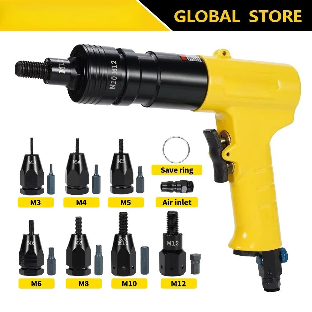 Pneumatic Rivnut Tool for M3-M12 Rivet Nut, Air Powered Threaded Insert Pull Setter Riveter for Riveting Nut Installation Repair