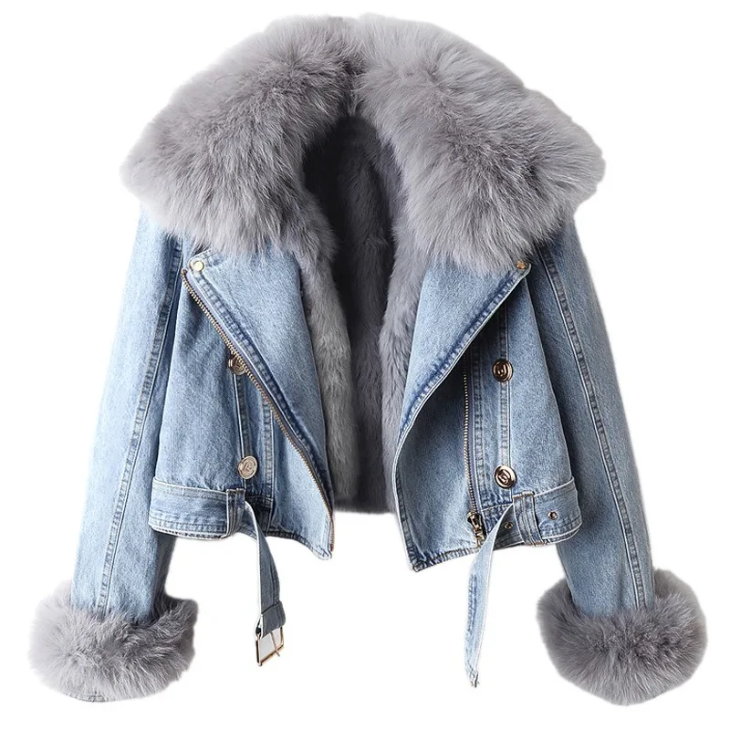 New Women Fur Collar Jean Coat Winter Jacket Female Short Warm Parkas Rabbit Hair Lining Outwear Japanese Korea Fashion Overcoat
