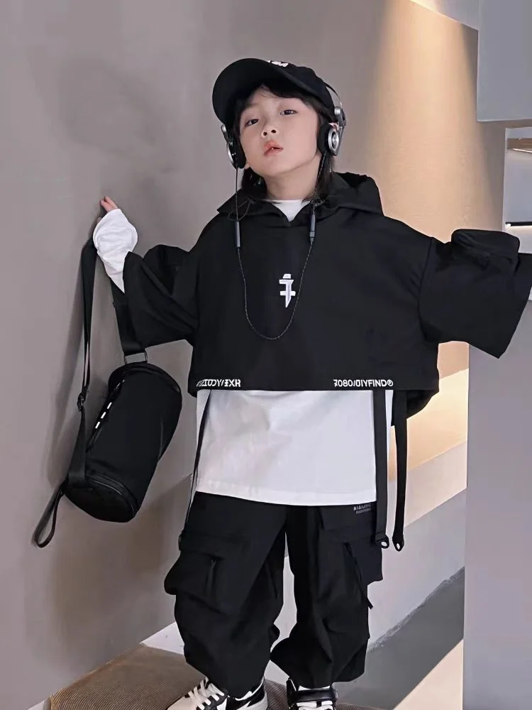 

Boys' hoodie spring and autumn new style children's long sleeved T-shirt vest two-piece set boys' handsome hip-hop top