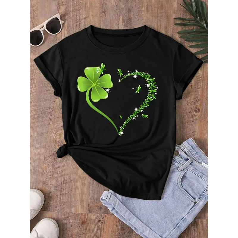 Women New Top with Clover Print Heart Pattern Round Neck T-shirt for Spring and Summer Women's Casual Fashion Trend Women's Top