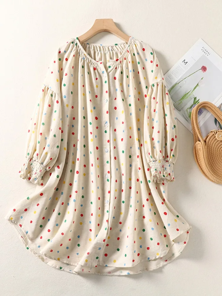   Polka Dot irt Dr feminino primavera verão solto ajuste comprimento médio longo Sve Sweet Sle Faion japonês