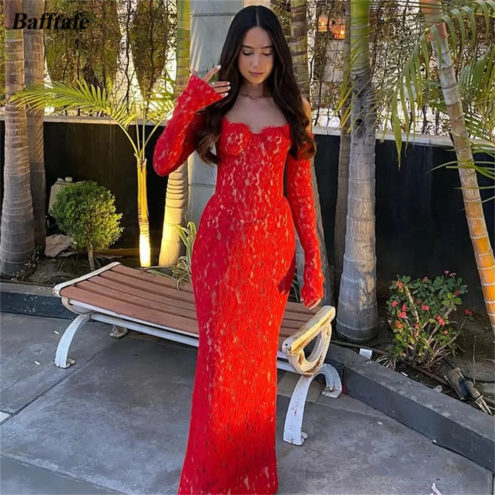

Bafftafe Red Long Sleeves Prom Dresses Sweetheart Formal Evening Party Gowns Customized Mermaid Lace Wedding Engagement Dress