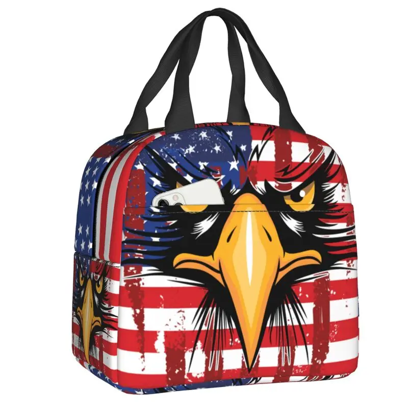 American Eagle Flag Insulated Lunch Bags for Outdoor Picnic USA Patriotic Waterproof Thermal Cooler Lunch Box Women Children