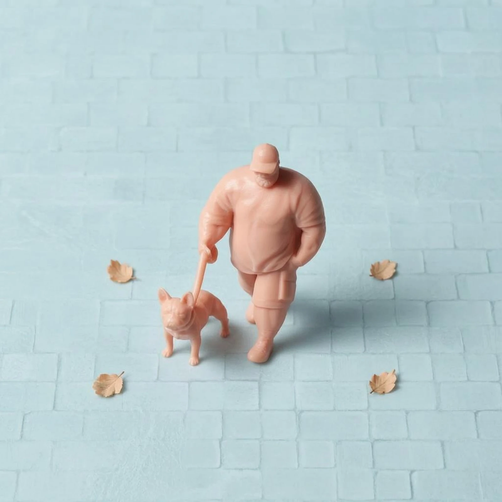 犬とリードのモデル詳細な彫刻が施された歩行中の男性フィギュアミニチュアシーンフィギュアジオラマ用のコンパクトな立ち姿勢