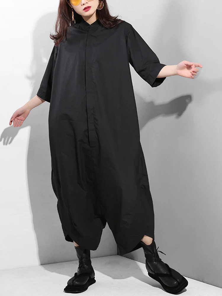 Loose Fit Women Black Wide Leg Long Jumpsuit New High Waist Pocket Stitch Pants Fashion Tide Spring Autumn