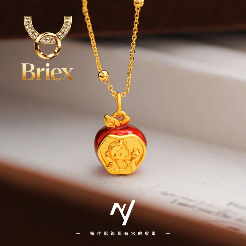 Briex Jewelry Luxury 24K 9999 Pure Gold real gold Super Sweet Snow White Enamel Red Apple Pendant Women's Necklace