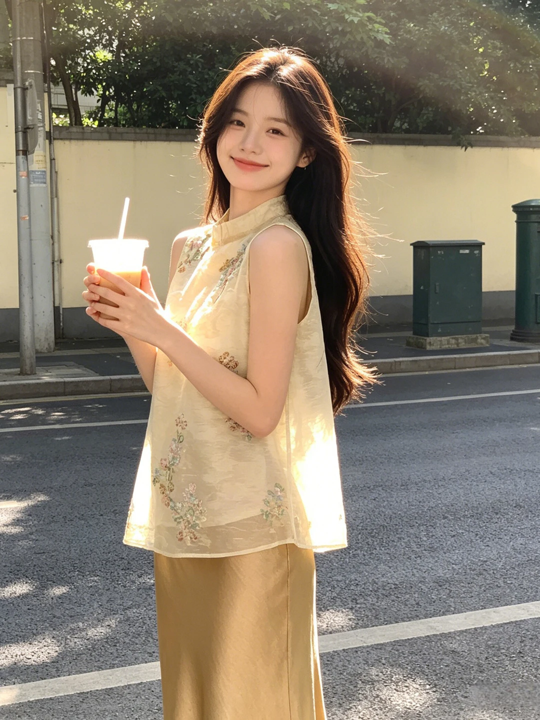 

Elegant Sister Style Two-Piece Set with Wrap around Skirt And Top Light Maturity Cotton Floral Print Summer Fashion Ensemble