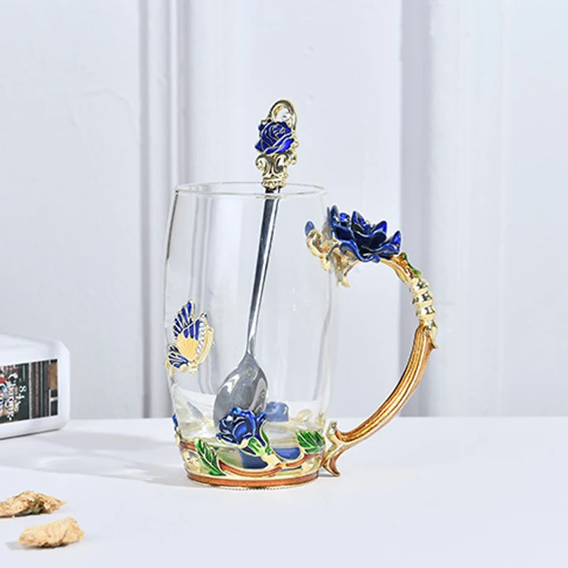 Taza de flor rosa, taza de agua esmaltada, taza de vidrio resistente al calor, taza de café y té esmaltada, tazas de cristal de mariposa rosa 3D, regalo de boda