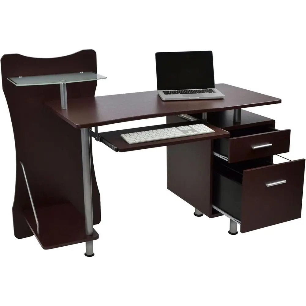 51 Glass Top Office Desk with File Cabinet, Floating Shelf, and Keyboard Tray in Chocolate Brown