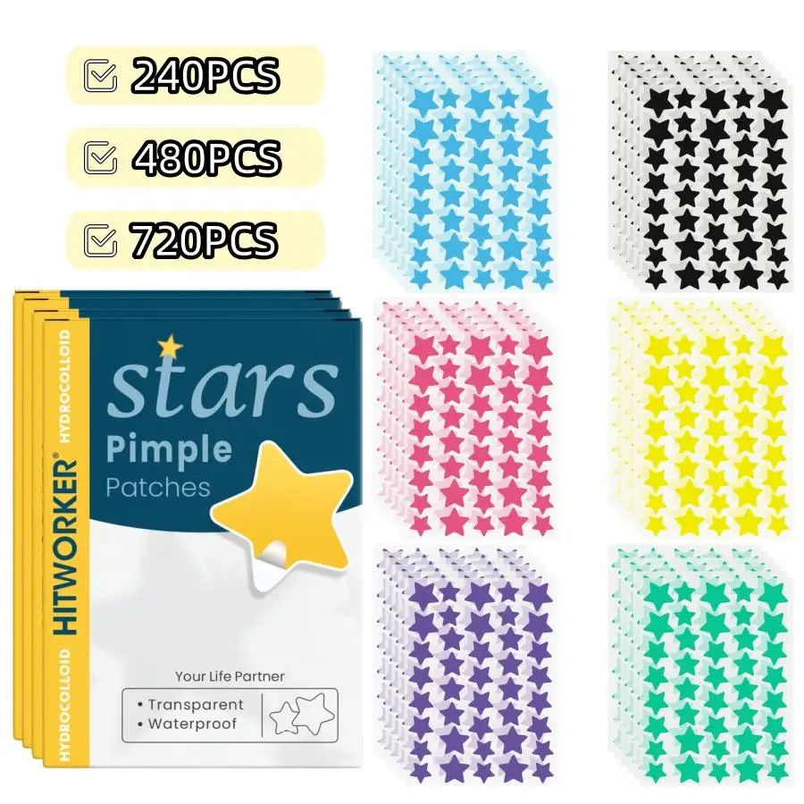 Star Acne Patches 240/480/720 Pieces, High-Quality Emergency Kit, Invisible Hydrogel Absorbs Pus Quickly, Reduces Swelling, Cute