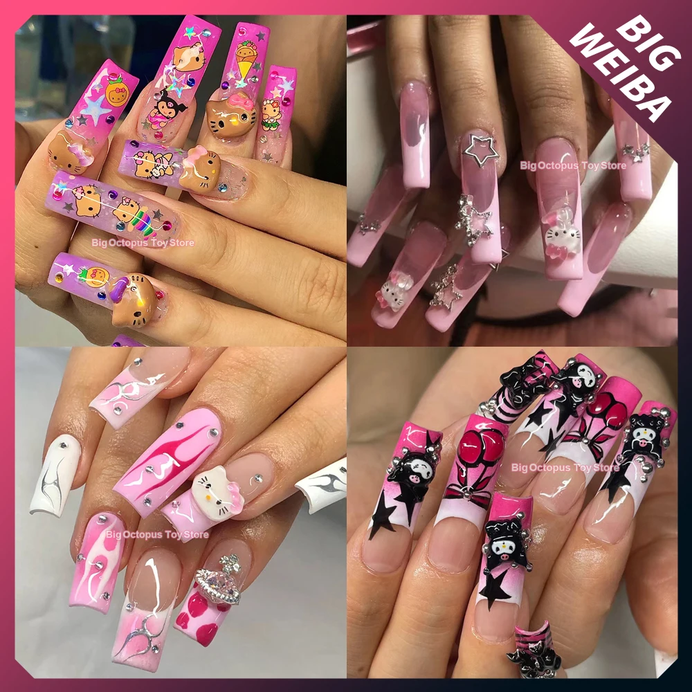 

Long Coffin Sanriod Hello Kitty Kuromi Press On Nails French Glitter Powder Diamond Fake Nails 3D Kawaii Artificial Nail Art