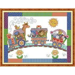 Cartoon Animal Train Printed Cross Stitch Kit Aida 14CT 11CT Canvas Printed Fabric Needle Thread Embroidery Set DIY Kids Crafts