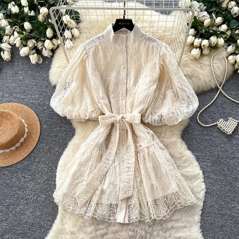 Summer Vintage Apricot Lace Mini Dress Women New Mandarin Collar Bubble Sleeve Sash Tie Waist A-Line Short Party Dress S681