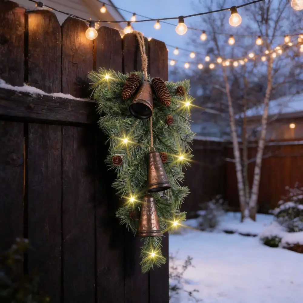 Festive Pine Needle Hanging Ornament Large Jingle Bell Farmhouse Style Christmas Tree Home Window Wall Decoration