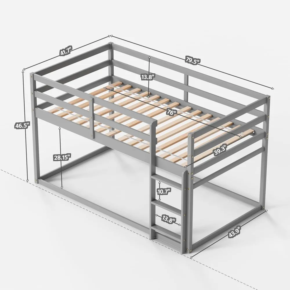 Low Bunk Bed Twin Over Twin,Floor Bunks Beds with Ladder, Twin Bunks Beds with Full Guardrails, Wooden Bunk Bed for Juniors,Boys