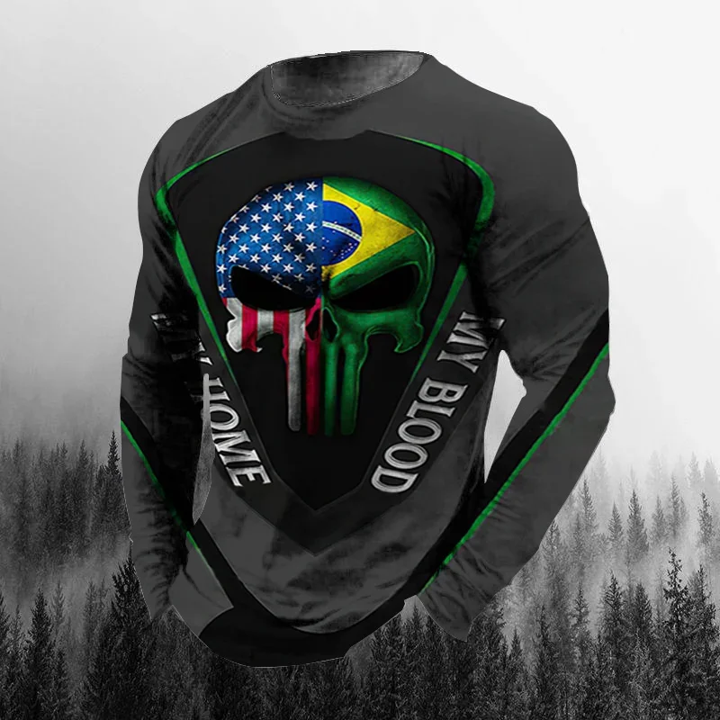 Vintage Brasilien-Flagge 3D-Druck Herbst Herren O-Ausschnitt T-Shirt Lässiges Langarm-Oversize-T-Shirt Modischer Pullover Herrenbekleidung – Detail 7