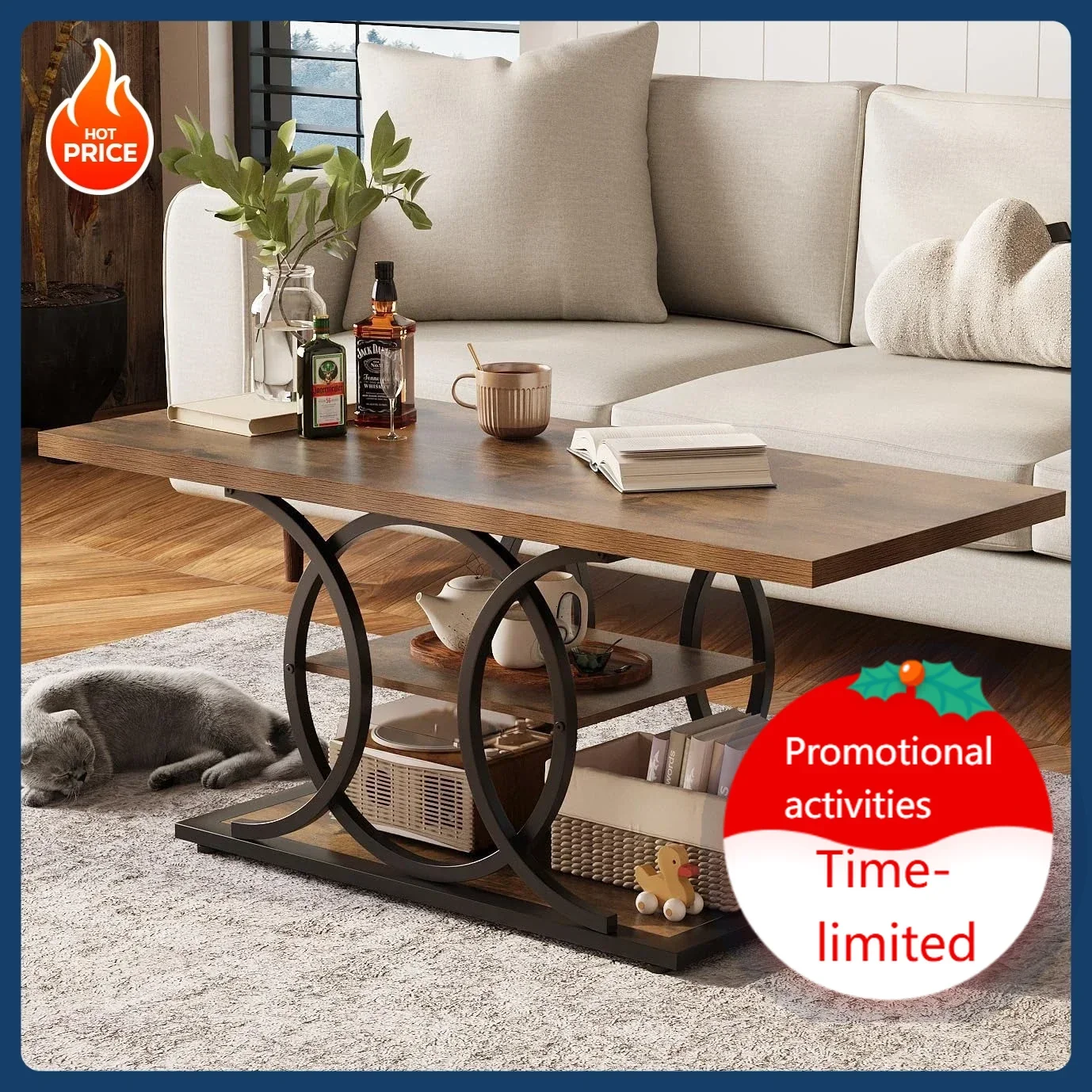 

Бестселлер! Прямоугольный деревянный журнальный столик в стиле рустик с 3-ярусной полкой для хранения, индустриальный дизайн, для гостиной, в стиле фермерского дома