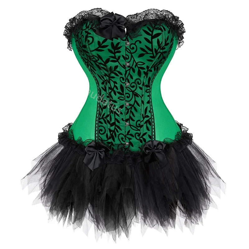 Corset Dress Set Women Tutu Skrit Overbust Lace Costume Party Sexy Burlesque Basques Outfit Plus Size Gothic Red Black