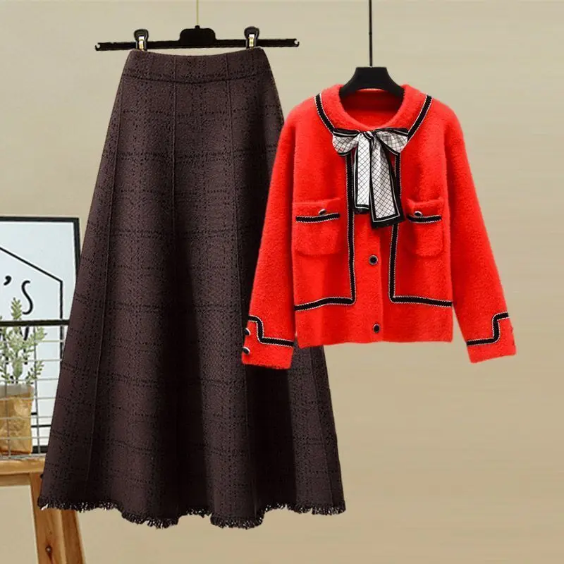 Large Women\'s Autumn Suit 2024 South Korea\'s New Fashion Bow Cardigan Plaid Skirt Two-piece Elegant Women\'s Skirt Suit