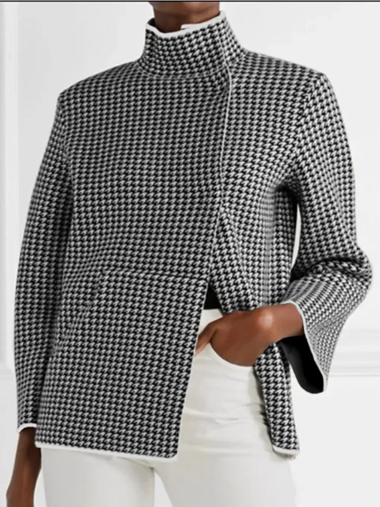 Gymdolphin Women's 2025 Fashion Coat Stand Collar Long Sleeves Loose Fit Jackets Split-Joint Buttoned Houndstooth Outerwears