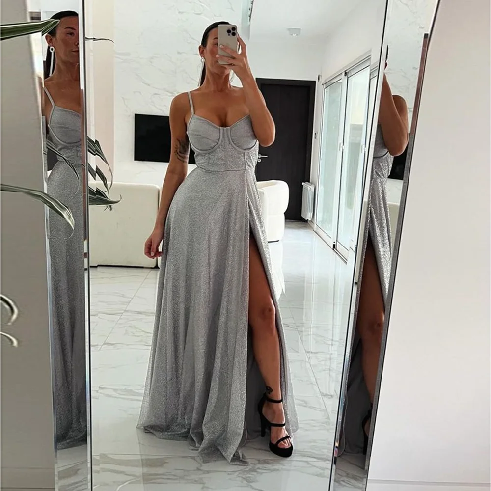 

Strapless Sparkly A-line Prom Club Dress Backless Lace up Long Evening Prom Holiday Gown with Side Slit vestidos de festa