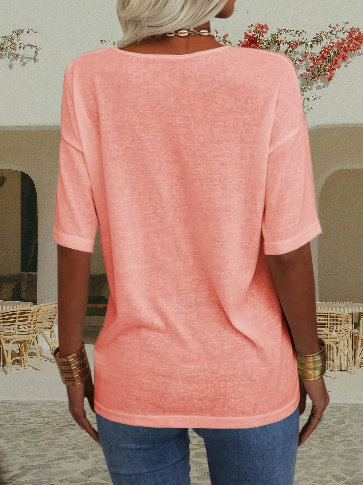 تي شيرت نسائي كبير الحجم برقبة على شكل حرف V نصف كم - قميص أساسي فضفاض كاجوال #4