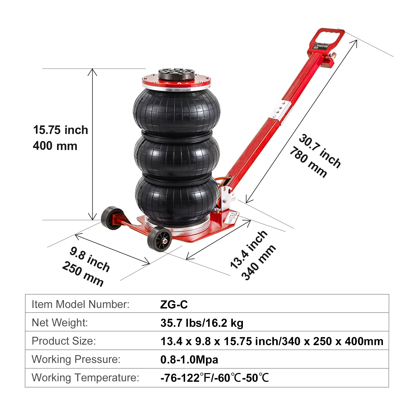 SucceBuy pneumatische krik 3 ton/5 ton drievoudige zak luchtkrik snellift zware autoreparatiekrikken opvouwbare stangkrikken met twee wielen