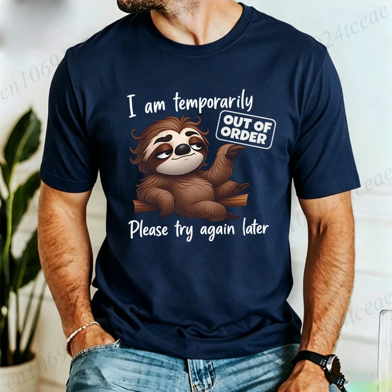 Men Cute Sloth T-shirt I Am Temporarily Out of Order Slogan Graphic Tees Lazy Animal Print Casual Short Sleeve O-neck Tops Gifts