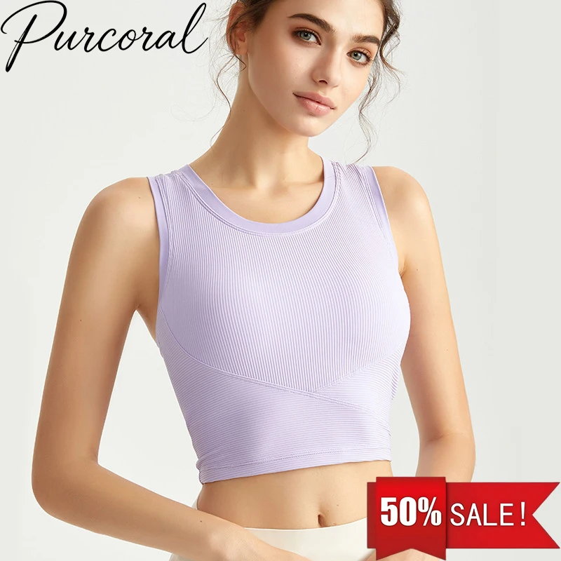 Women Yoga Crop Tank Top Round Neck Sleeveless Sports Bra High Elastic Seamless Fixed Cup Sports Vest Quick Drying Underwear