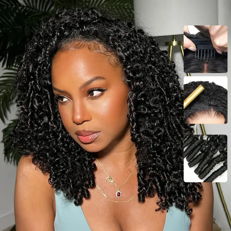 18 Inch Burmese Curly Half Wig Human Hair for Black Women Spiral Curl Ends Wear & Go Drawstring Wig 200% Density Flip Over Beginner Friendly Machine Wigs Natural Black