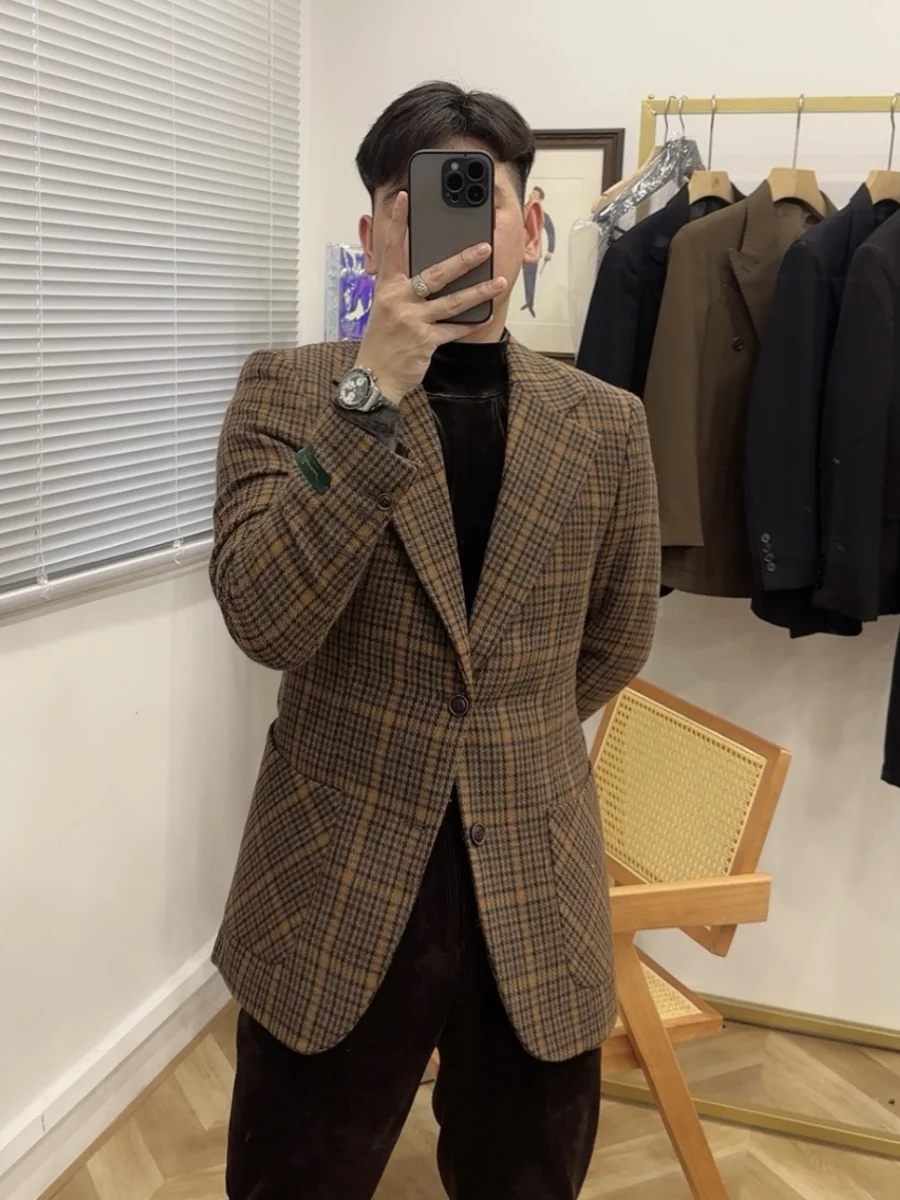 

Мужской шерстяной пиджак в стиле ретро на одной пуговице, модный британский стиль, клетчатый, деловой повседневный, приталенный крой, с двойными разрезами, коллекция 2023