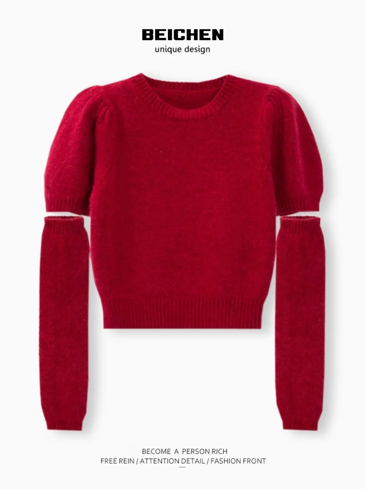 

Red round Ne ort Sve Knitted Sweater Women's Bubble Sve Cact Size ort Length Bubble Cap Sve Top for Autumn ...
