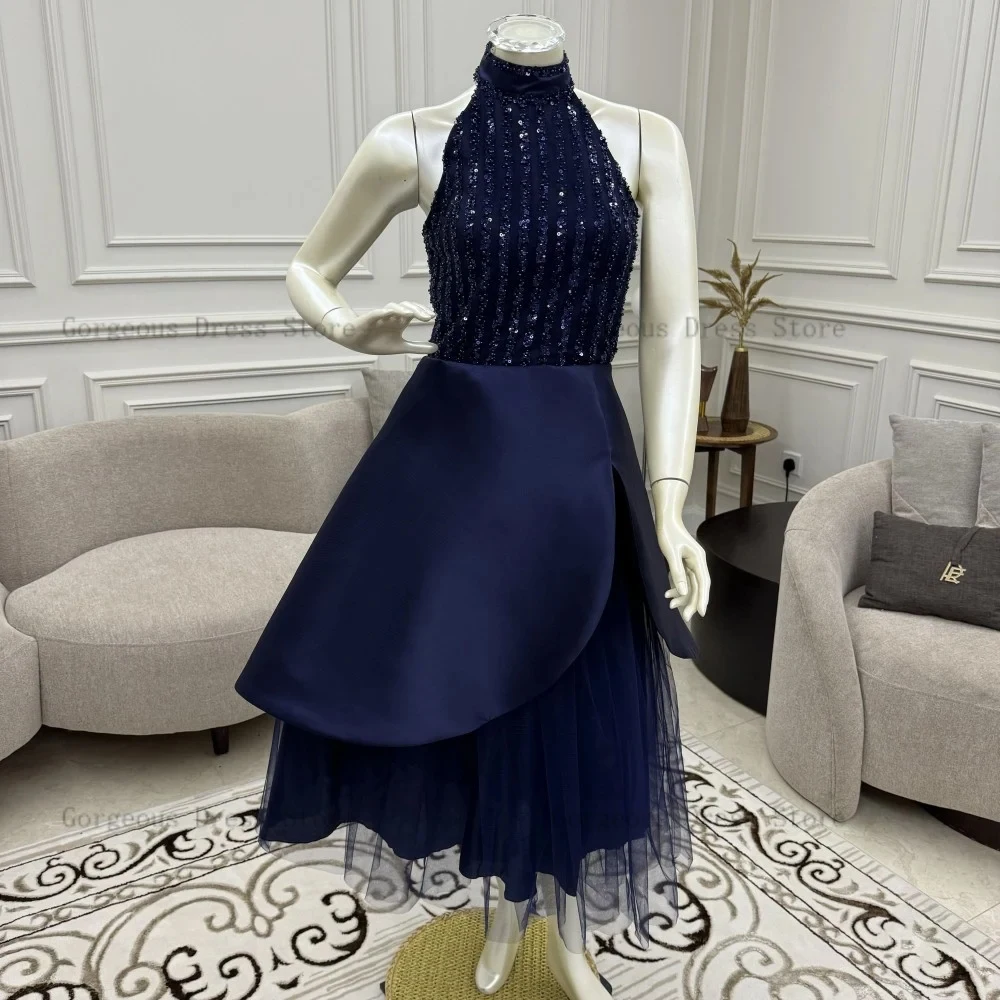 Elegant Navy Blue Evening Dresses High Neck Sleeveless Prom Gowns Beadings Sequined Tea Length A-Line Party Dress فساتين السهرة