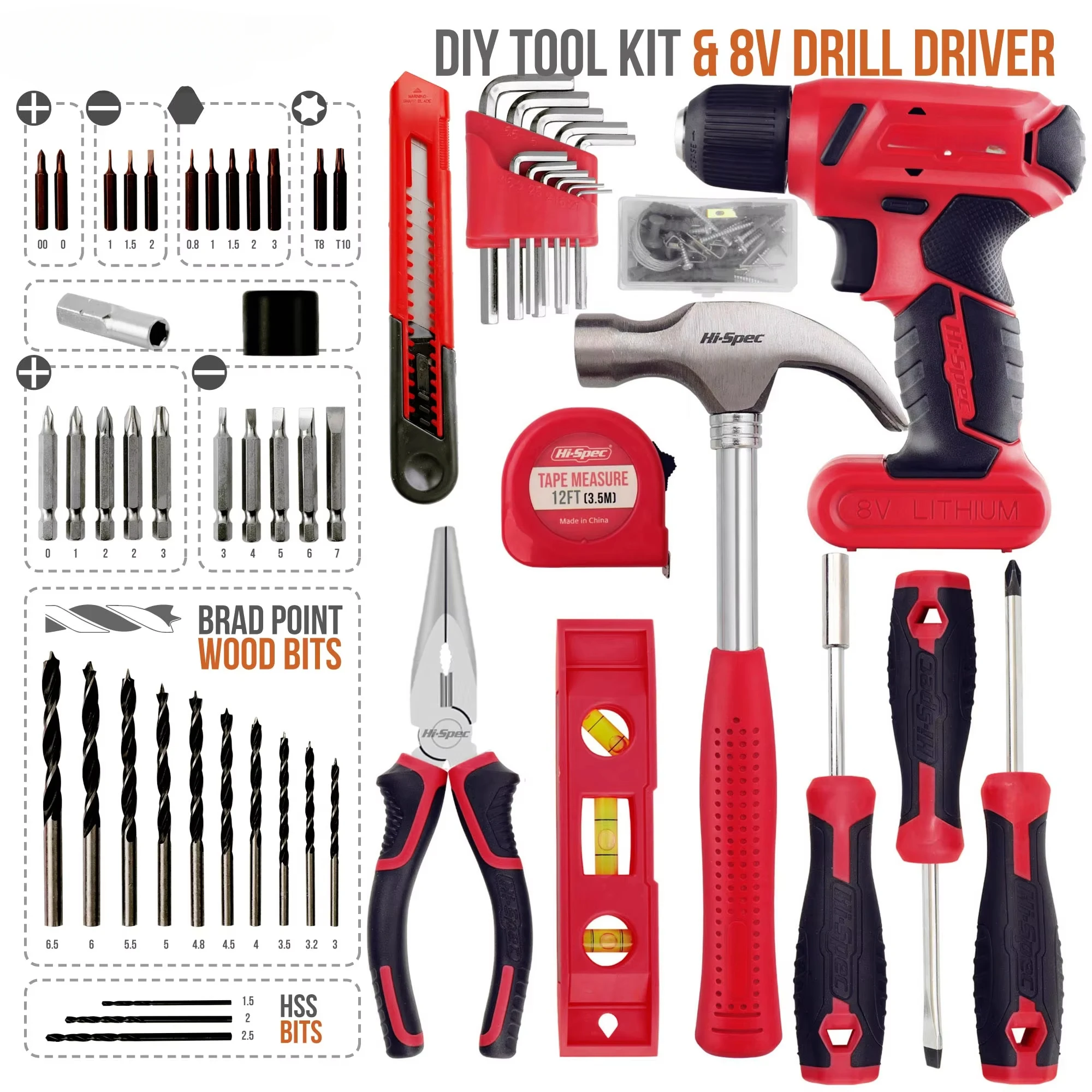57pc 8V Red USB Cordless Electric Power Screw Driver & Drill. Home DIY Repair Hand Tool Kit Set in Tool Box Case. OEM ODM Ready