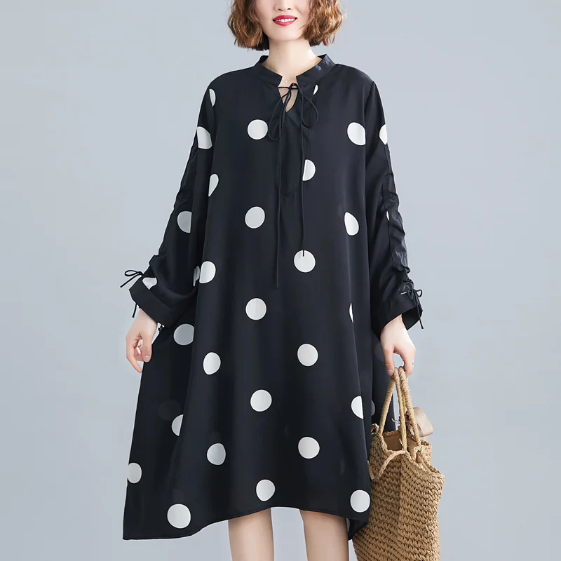 #3346 Summer Black Long Chiffon Dress Women Pile Up Sleeves Dots Printed Dress Ladies Loose Stand Collar A Line Dress Female