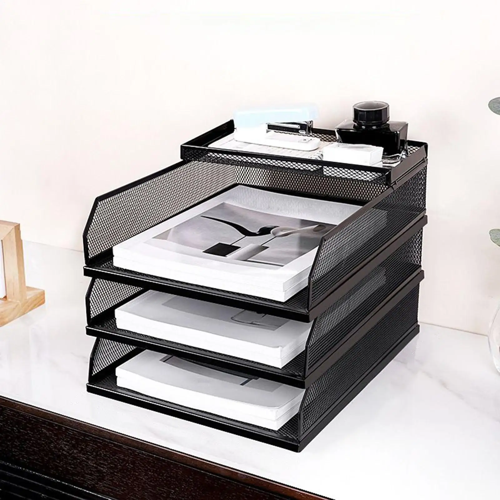 صواني مكتب شبكة معدنية قابلة للتكديس ملف منظم سطح المكتب حامل مستندات رف تخزين قابل للتكديس للطلاب درج دفتر الملاحظات