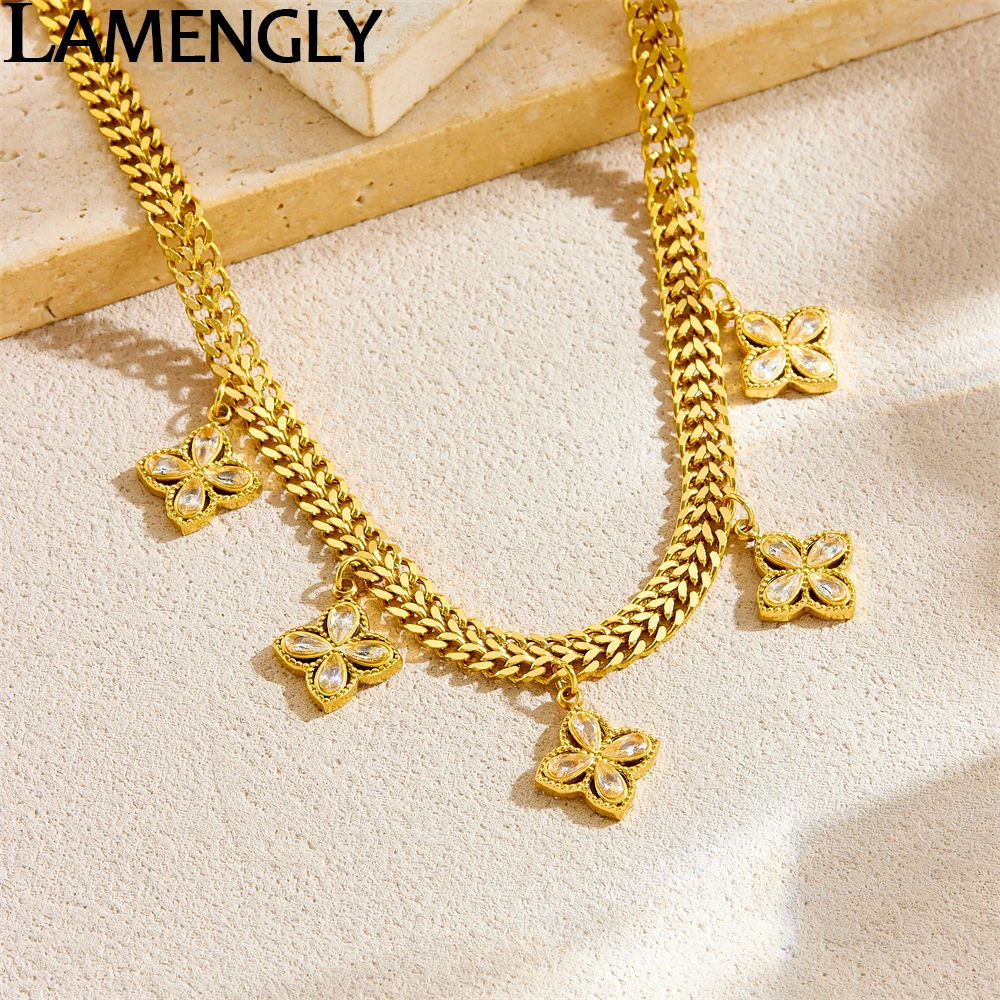 LAMENGLY 316L Stainless Steel Hip Hop Wide Chain Crystal Inlay Retro Flower Pendant Necklace For Women New Trend Clavicle Chain