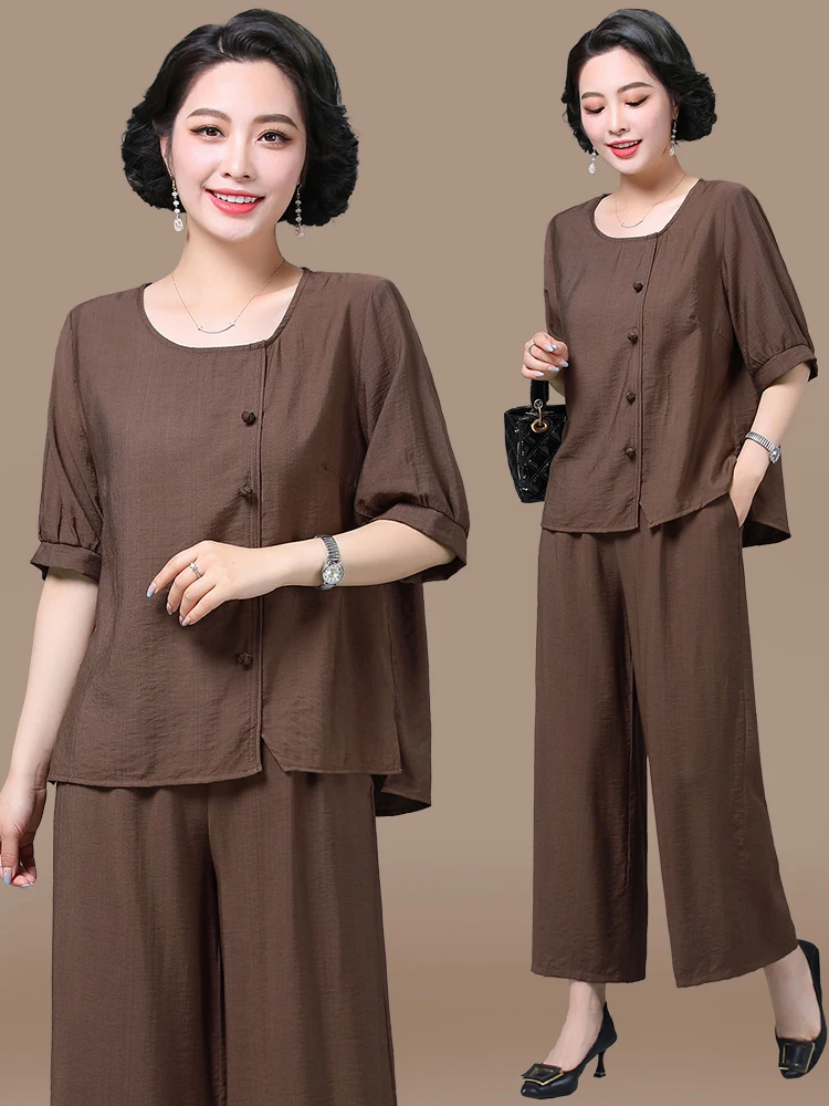 

Модный хлопково-льняной комплект из двух предметов для женщин среднего возраста: летняя футболка с круглым вырезом и свободные длинные брюки