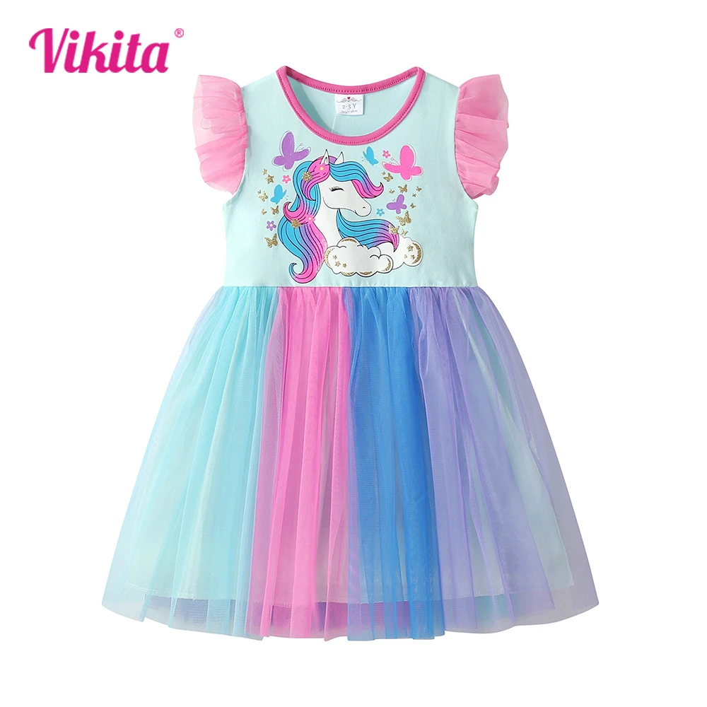 VIKITA Girls Butterfly Unicorn Cartoon Print Flare Sleeve Summer Dress Girls Colorful Blue Mesh Tulle Party Princess Dresses