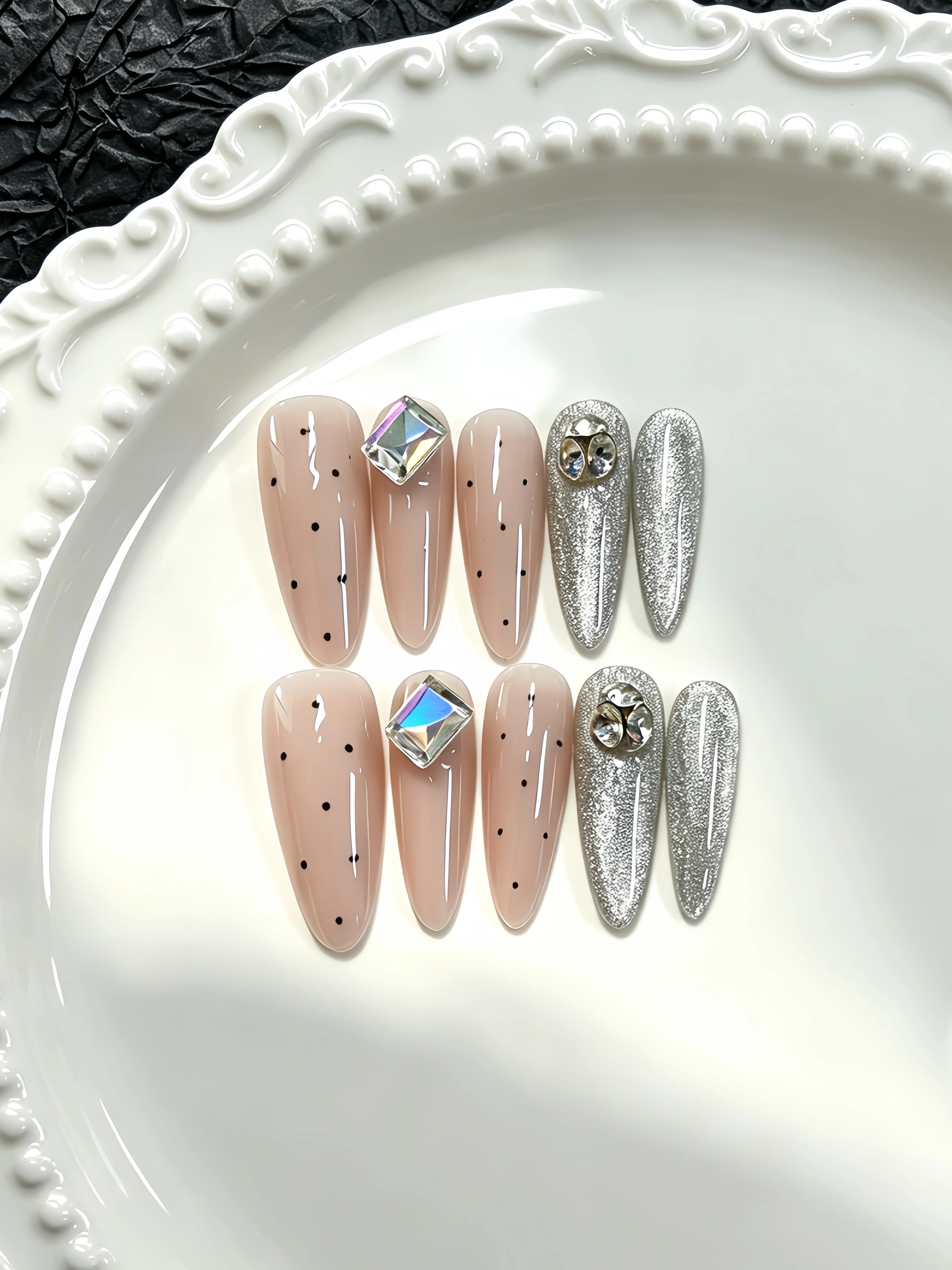 10-Piece Long False Nails, Iridescent Square Rhinestones, Korean Style Pure Luxury Nail Stickers, Nude Pink Polka Dot Silver Glitter for Date and Party Manicure