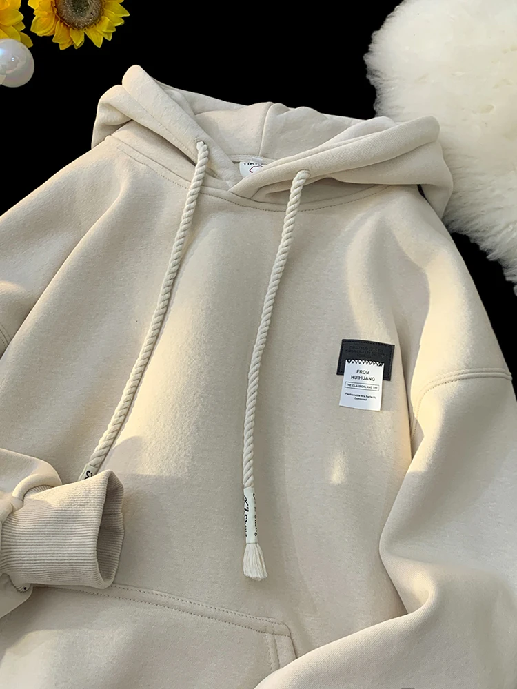 

American Sle Thiened Fce Lined Oversized Hoodie Men's Winter Jaet Youth Trendy Brand Casual Outerwear