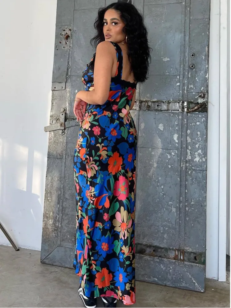 JULISSA MO-vestido maxi cetim estampado floral para mulheres, vestido elegante com decote em v, bodycon com renda sem costas, vestido de praia, verão, 2023