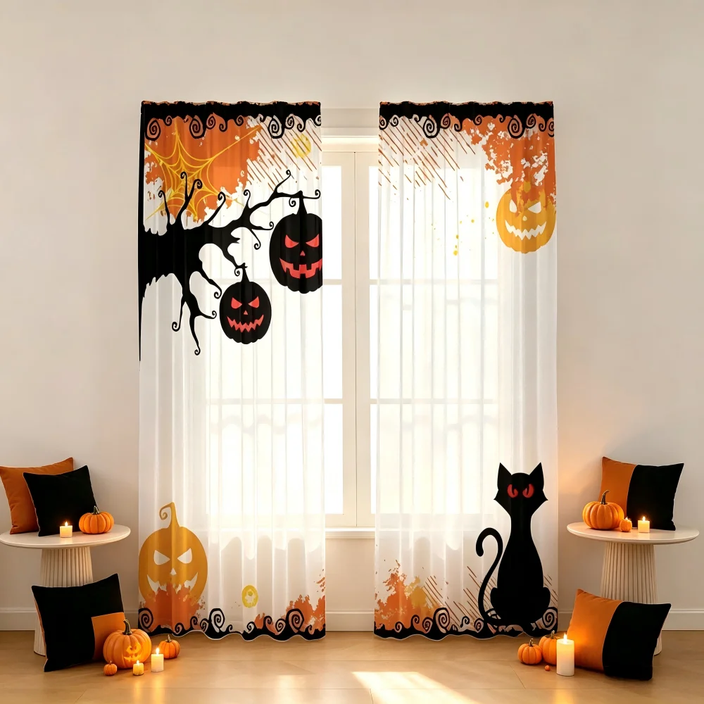 2PCS Digital Print Sheer Curtain, Black Cat Pumpkin, Halloween Spooky Holiday - Voile Drapes for Bedroom Living Room Decor