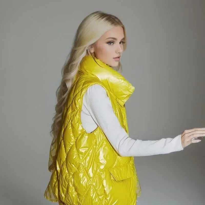 Veste en fibre de tissu brillant pour femme avec poches, gilet chaud, manteau rembourré, fermeture éclair, optique, décontracté, femme, automne, hiver, 2024