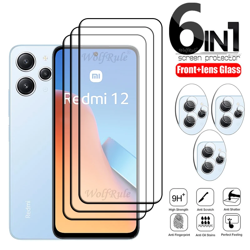 

6-в-1 Для Redmi 12 стекло Xiaomi Redmi 12 Закаленное стекло Защитная пленка полное покрытие клей 9H защита экрана Redmi 12 стекло объектива
