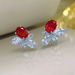 Huitan Bright Red CZ Stud Earrings for Women Silver Color Aesthetic Flower Shape Ear Accessories Wedding Party Exquisite Jewelry