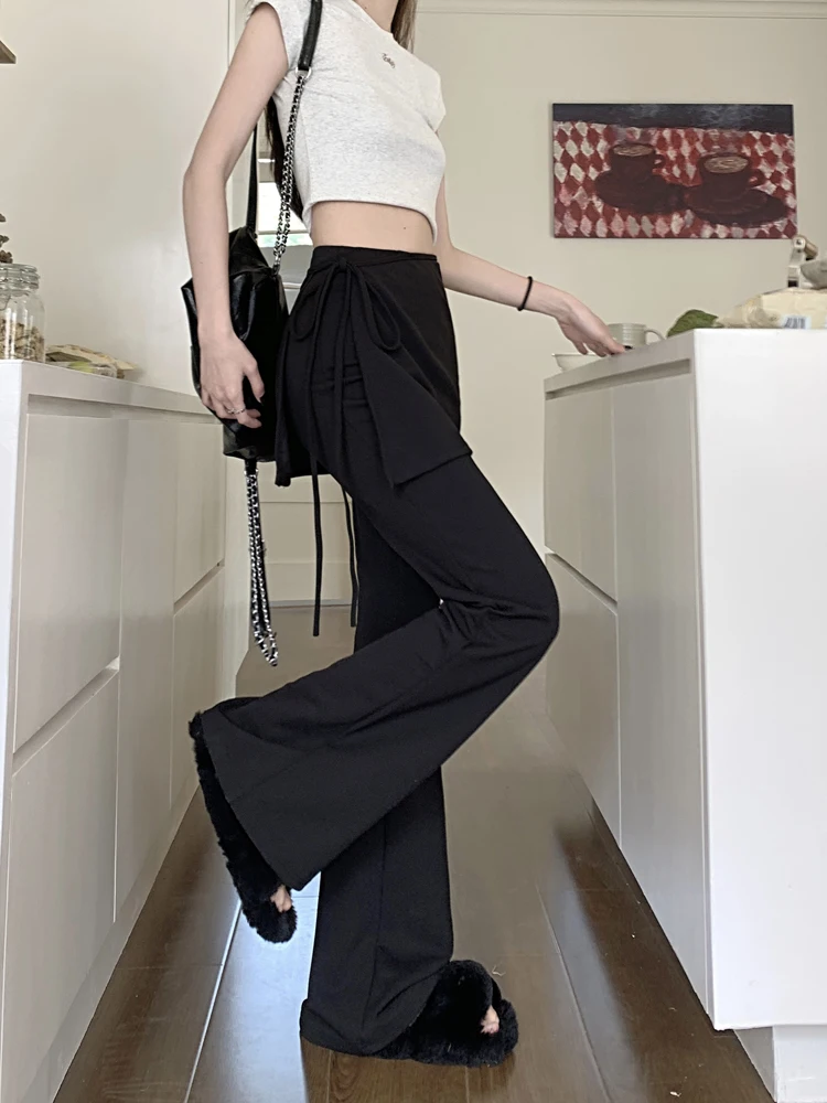 Chic Women Pants Fake Two Piece Patchwork High Waist Slim Flare Pants Black Streetwear Female Fashion Long Trouser