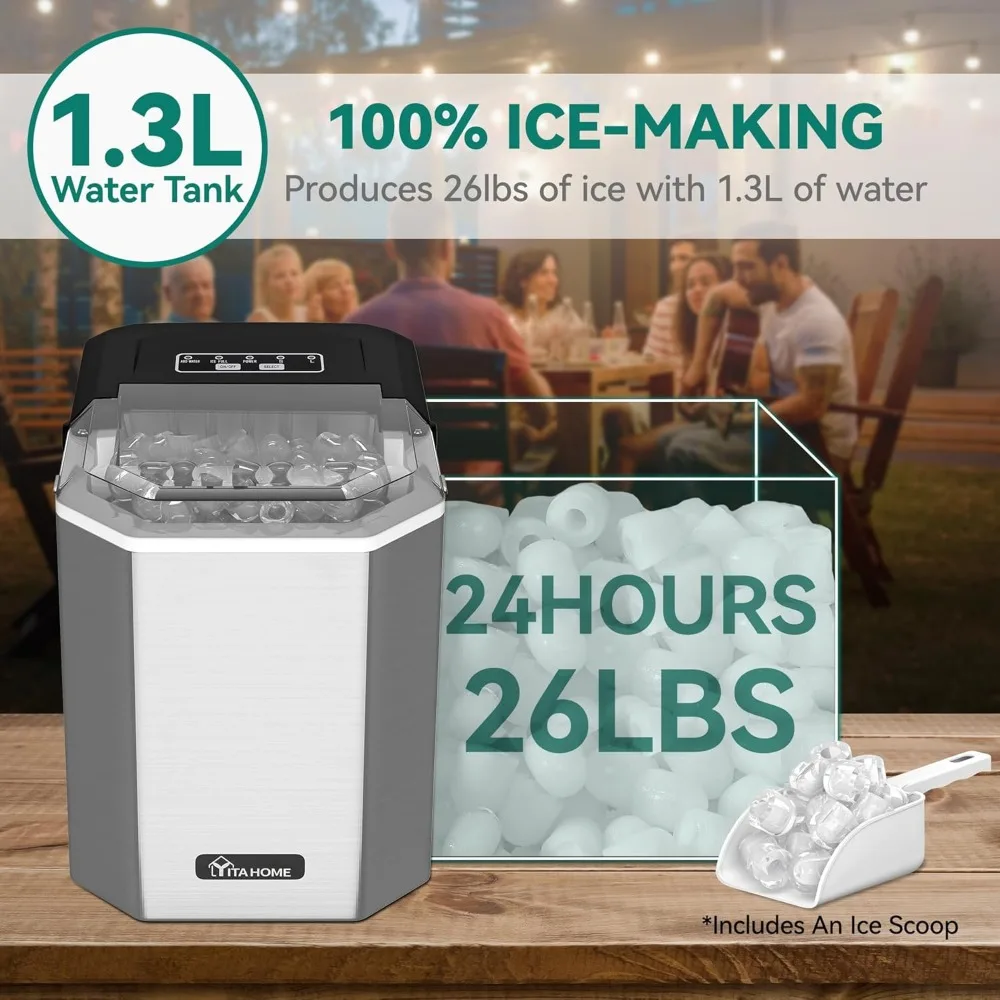 Countertop 26LBS/24H,Self-Cleaning Pellet Ice Maker with Carry Handle Ice Scoop & Basket,2Sizes Bullet Ice Cube